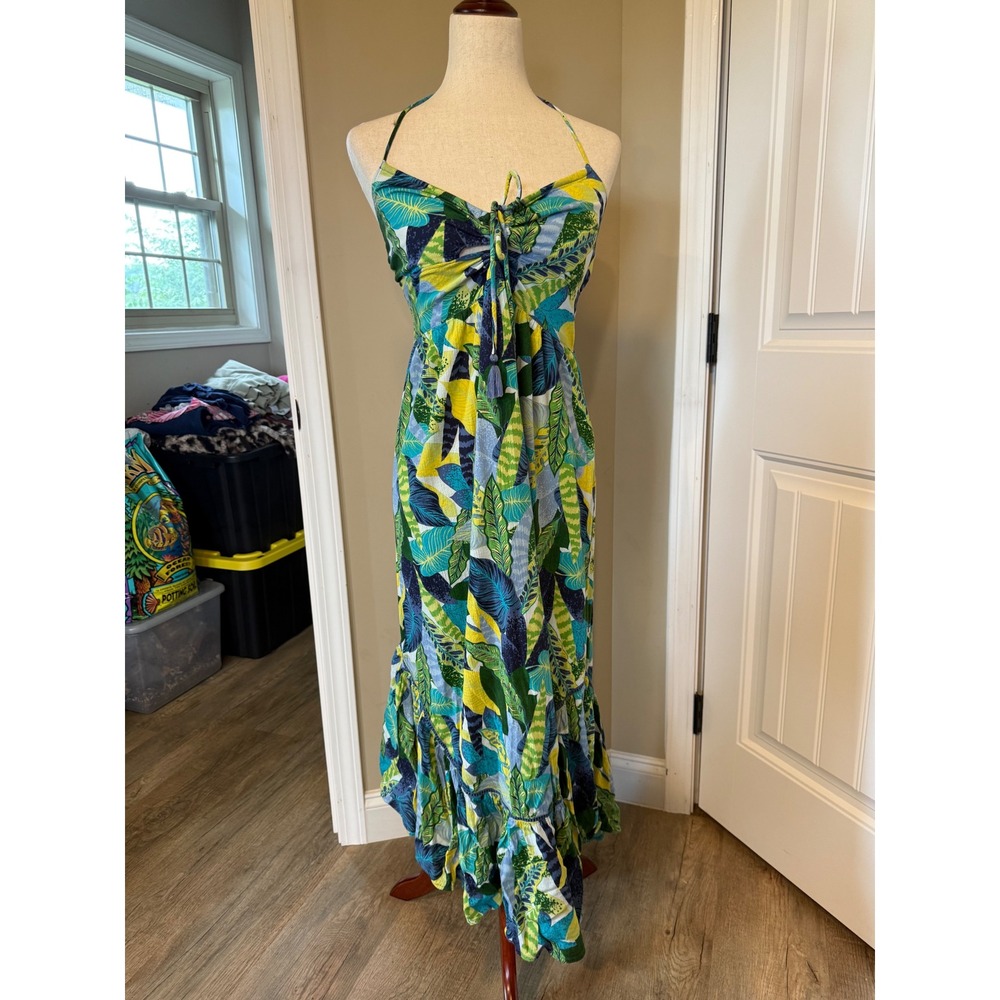 Aerie‎ Tropical Leaf Print Halter Maxi Dress Green Blue Yellow M